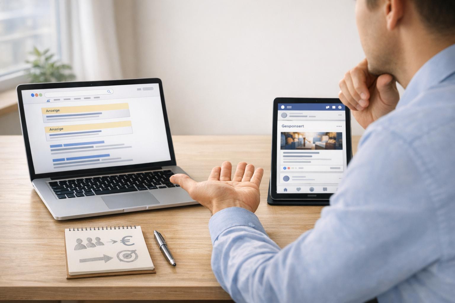 Business Recherche mit Laptop und Tablet.