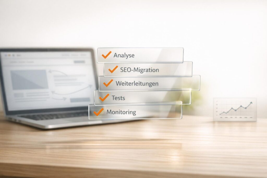 SEO Checkliste auf Laptop und Schreibtisch.