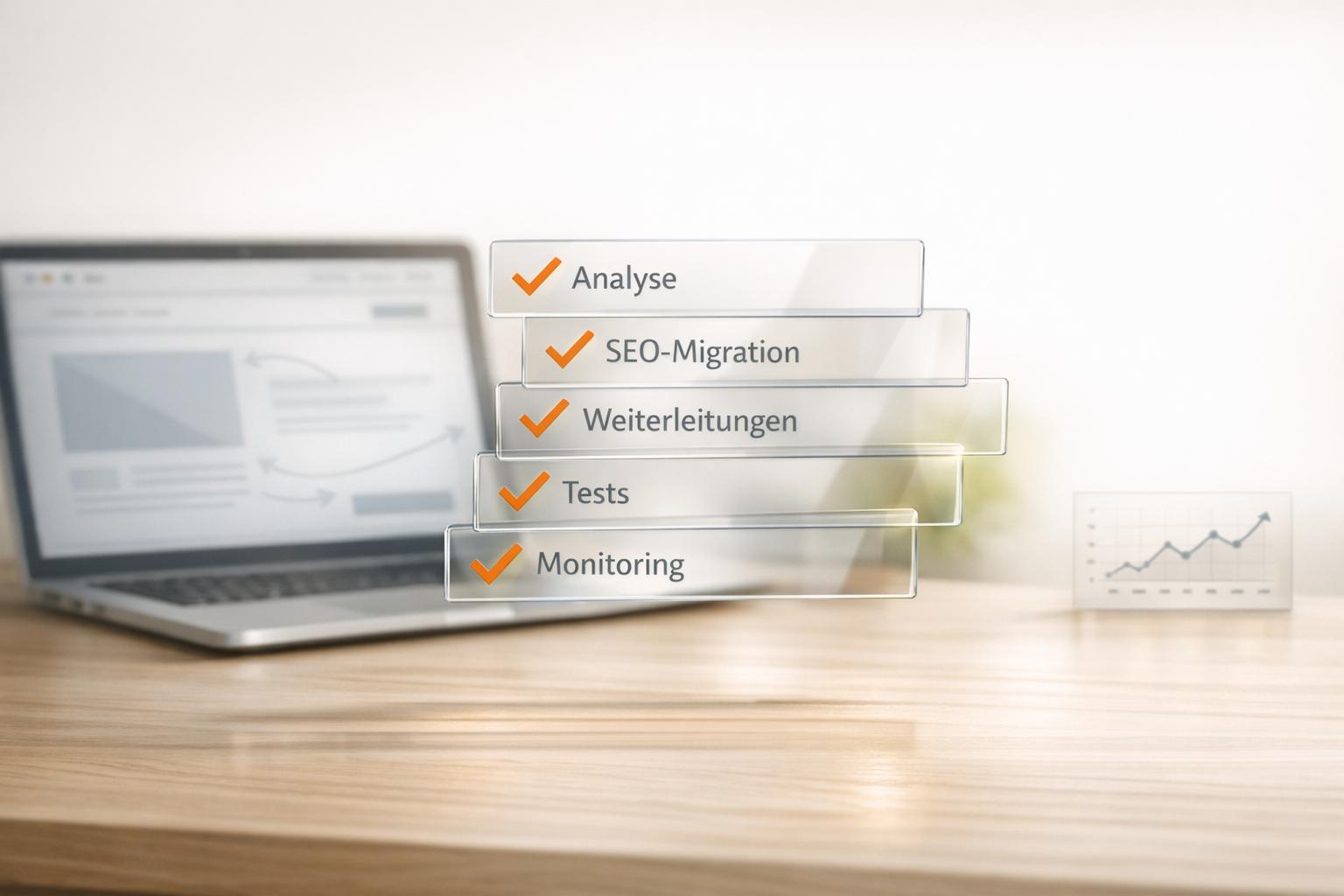SEO Checkliste auf Laptop und Schreibtisch.