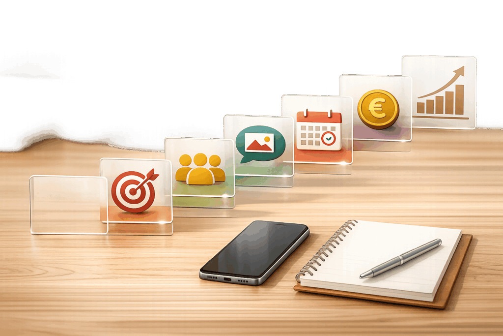 Smartphone Notebook Business Icons auf Holztisch.