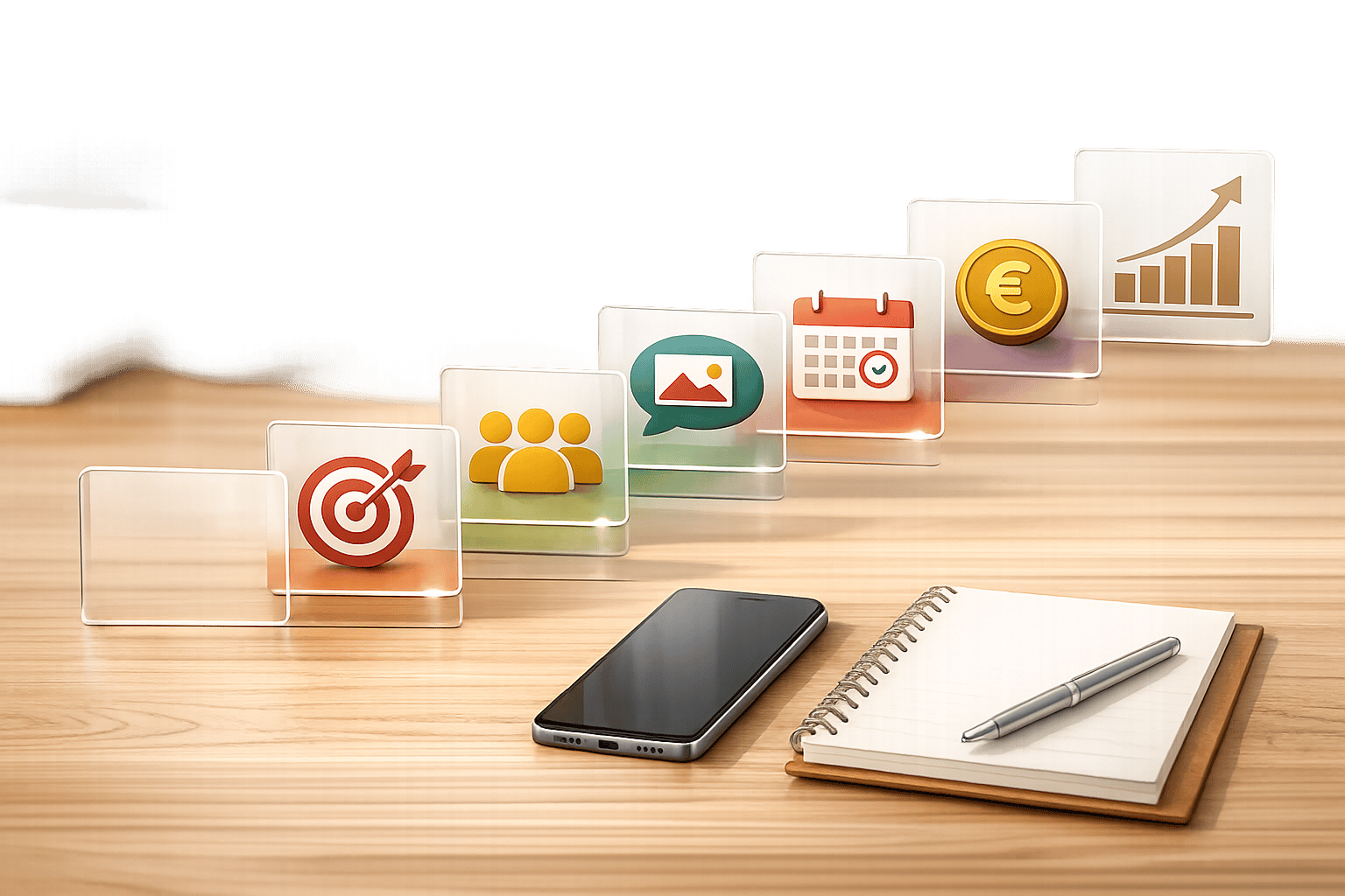 Smartphone Notebook Business Icons auf Holztisch.