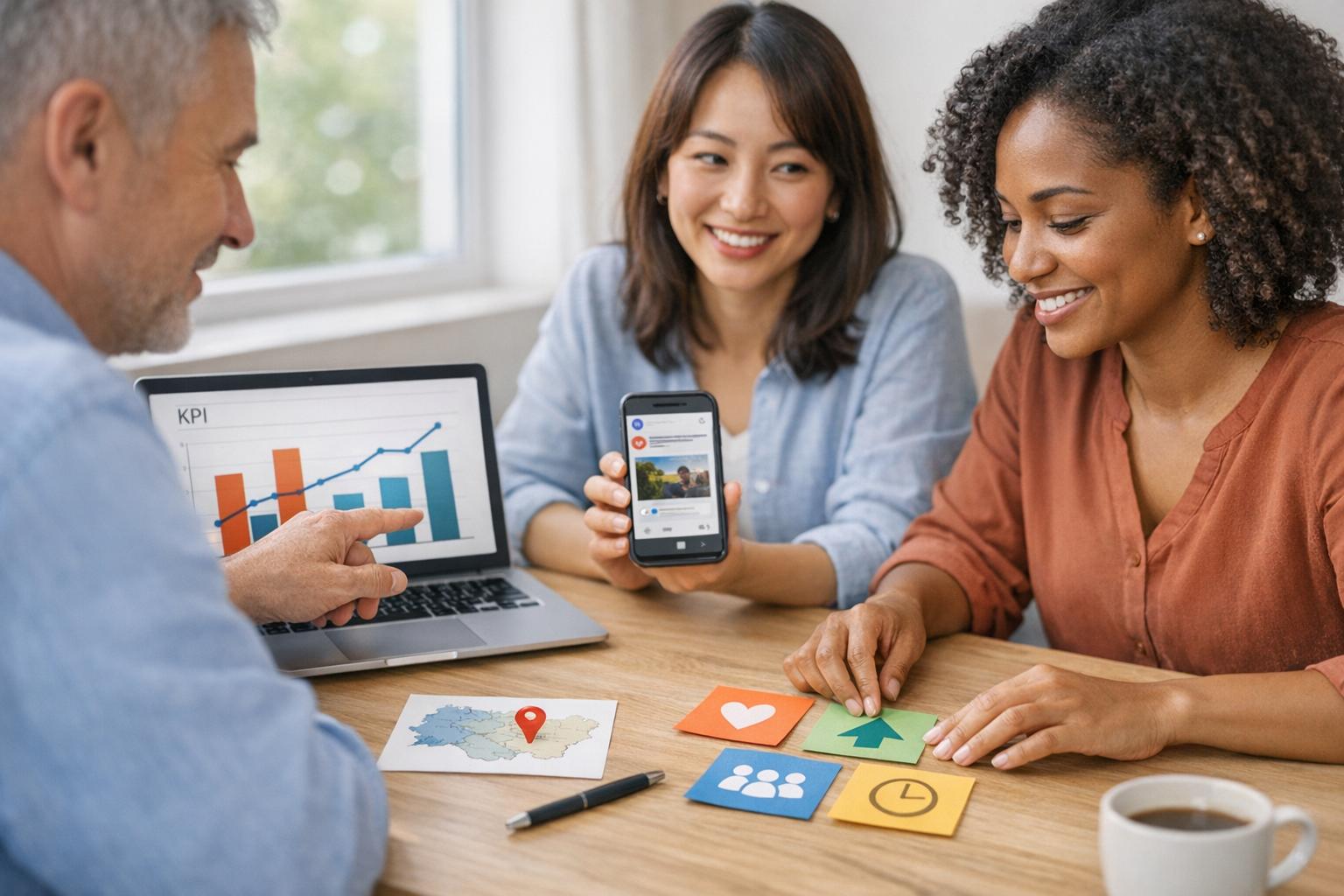 Mitarbeiter Meeting mit Laptop und Smartphone.