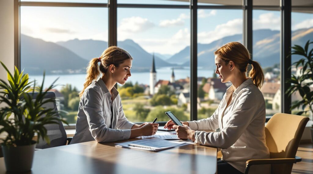 Business Meeting mit Alpenblick im modernen Büro.