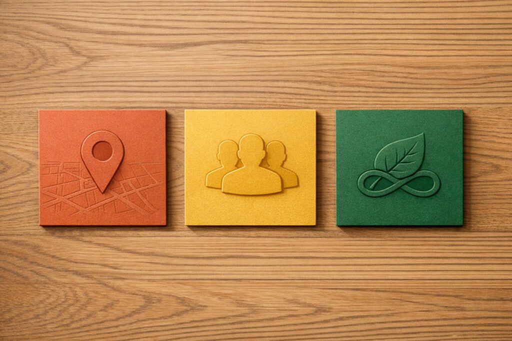 Content Marketing Formate im Vergleich 1 Drei geprägte quadratische Symbole auf einer Holzoberfläche: orange mit einer Kartennadel, gelb mit Silhouetten von Menschen und grün mit einem Blatt und dem Unendlichkeitssymbol.