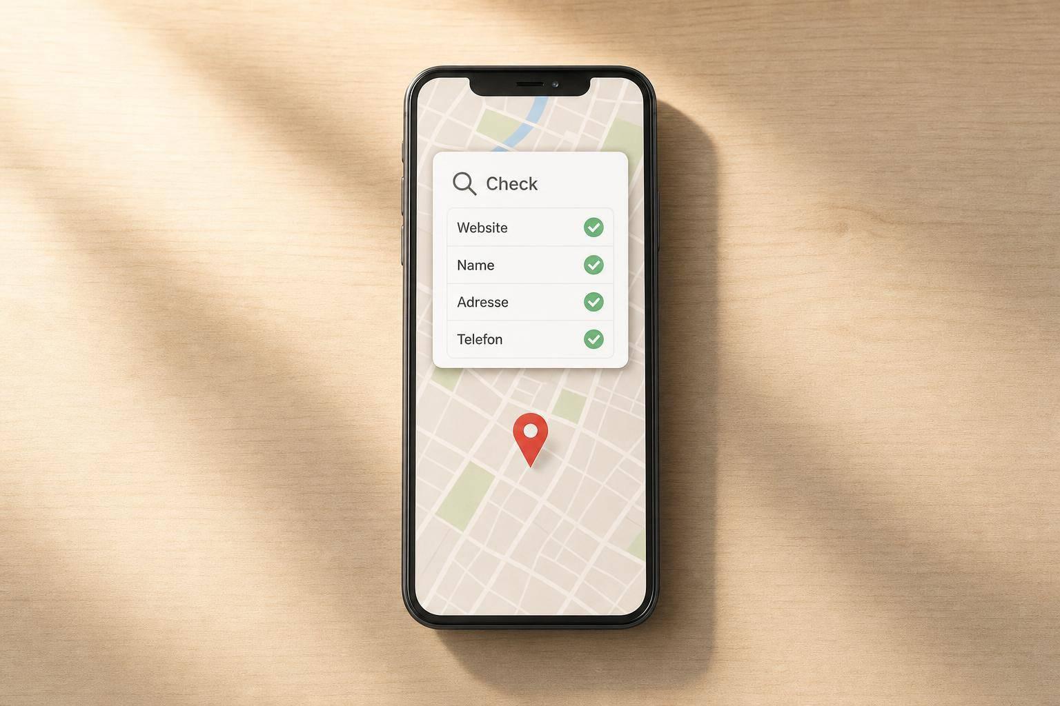 Smartphone mit Karte und geprüften Kontaktdaten.